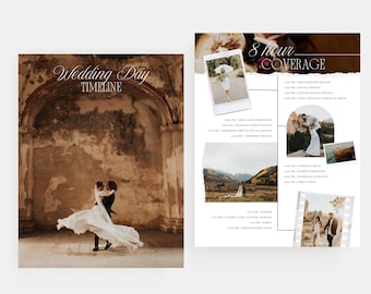 May include: A wedding day timeline with photos of the bride and groom. The timeline includes details like first look portraits, wedding party photos, ceremony, cocktail hour, and more. The text "Wedding Day Timeline" is at the top of the page.