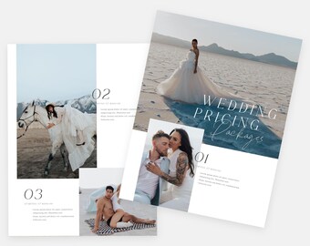 May include: A brochure with a blue and white color scheme advertising wedding photography packages. The brochure features three photos of couples in different settings. The text "Wedding Pricing Packages" is written in a script font.