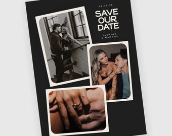 Foto-save-the-date-sjabloon, CANVA-bewerkbare huwelijksaankondigingskaart, chique klassieke filmstrip CSD045