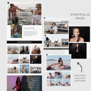 May include: A website design for a photographer showcasing a portfolio of images. The website features a header with the text "Portfolio Page" and a gallery of images with different layouts. The text "I love capturing moments people will look back on in a way that immediately transports them back" is also included.