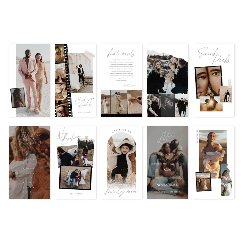 May include: A collage of images showcasing a photography business. The images include a couple in a desert setting, a couple in a forest, a family portrait, and a close-up of a couple's eyes. The text "Sneak Peeks" is at the top of the collage.
