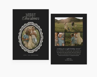 Donkere vintage kerstkaart met kanten randje (Canva-sjabloon) | Feestdagen fotokaart | Bewerkbaar nieuwjaarskaartontwerp CXMAS098