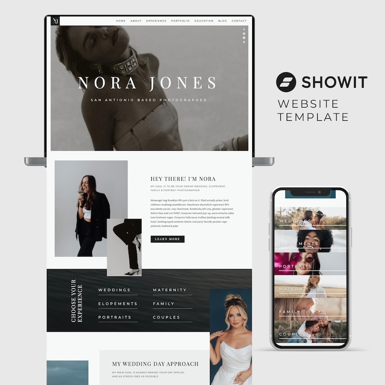 May include: A website template for photographers, featuring a black and white photo of a woman with a white collar and a black jacket. The website template is designed to showcase a photographer's work and includes a section for weddings, elopements, maternity, family, and couples.