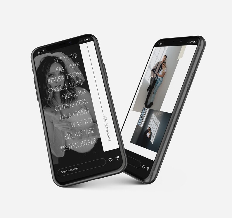 May include: A screenshot of a mobile phone displaying a social media post. The post features a black and white photo of a couple and a quote about showcasing testimonials. The text reads "Put your favourite review from one of your previous clients here. It's a great way to showcase testimonials."