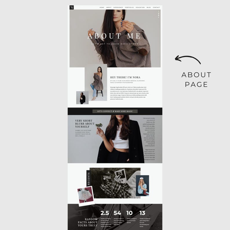 May include: A website about me page with a photo of a woman in a brown sweater. The text on the page says "About Me" and "Hey there! I'm Nora".
