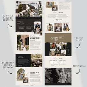 Pu&ograve; includere: Layout del sito web a tema matrimonio. Il design presenta un sommario cliccabile, una panoramica della sessione di fidanzamento e l'ispirazione per l'outfit. La combinazione di colori &egrave; neutra con immagini di coppie e dettagli del matrimonio.