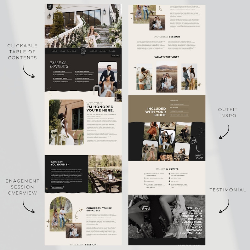Pu&ograve; includere: Layout del sito web a tema matrimonio. Il design presenta un sommario cliccabile, una panoramica della sessione di fidanzamento e l'ispirazione per l'outfit. La combinazione di colori &egrave; neutra con immagini di coppie e dettagli del matrimonio.