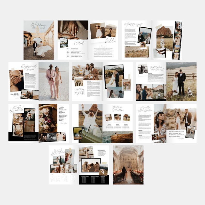 May include: A wedding magazine with a rustic theme. The magazine features photos of couples in various settings, including a desert, a forest, and a church. The magazine also includes text about wedding planning, engagement sessions, and wedding day tips.