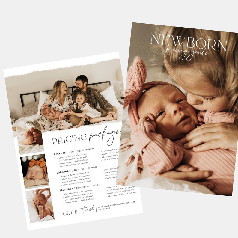 May include: A pricing guide for newborn photography packages. The guide includes three packages with different prices and services. The image also shows a family with a newborn baby.