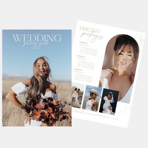 May include: Wedding pricing guide with a photo of a bride holding a bouquet of dried flowers. The guide lists different wedding photography packages.