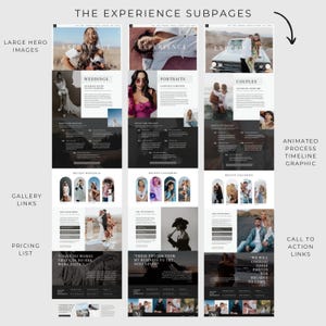 May include: Website mockup for a photography business showcasing different services, including weddings, portraits, and couples photography. The website features a black and white color scheme with a modern design. The text on the website includes "The Experience Subpages", "Weddings", "Portraits", "Couples", "Recent Galleries", "The Investment", and "We will cherish these photos for decades to come."