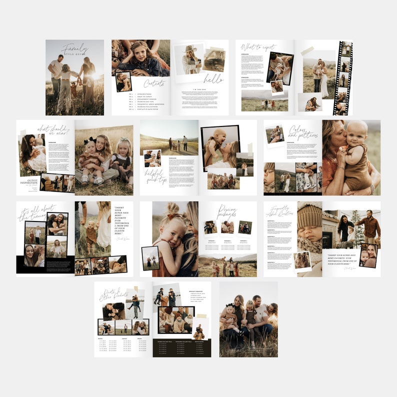 K&ouml;nnte beinhalten: Ein Leitfaden f&uuml;r Familienfotoshootings mit Tipps, was Sie erwarten k&ouml;nnen, Farben und Muster, hilfreiche Pose-Tipps und Outfit-Inspiration. Der Leitfaden enth&auml;lt Fotos von Familien in verschiedenen Posen und Umgebungen.