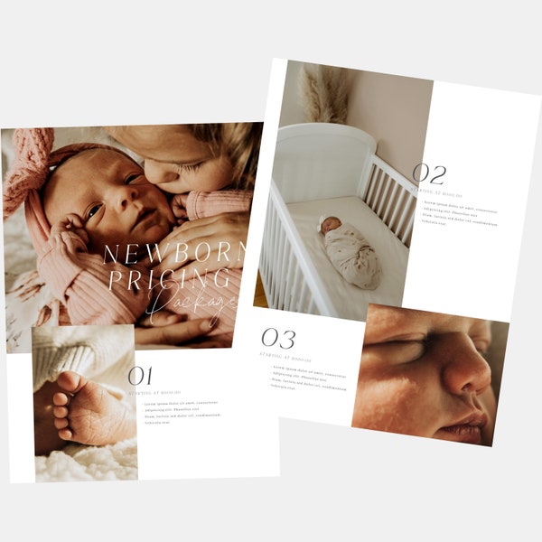 Olivia | CANVA Newborn Baby Fresh 48 Photography Pricing Guide Template Pricing Photographer Price Guide Editable Canva Template PG008