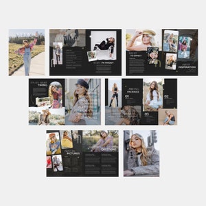 May include: A black and white magazine layout with text and images. The magazine is about senior portraits and includes information about pricing, outfit inspiration, and testimonials. The text includes the words "Senior", "Contents", "It's all about timing", "Hey, I'm Maddy", "What to expect", "Pricing Packages", "Print the pictures", "Are there any questions", and "Outfit Inspiration".