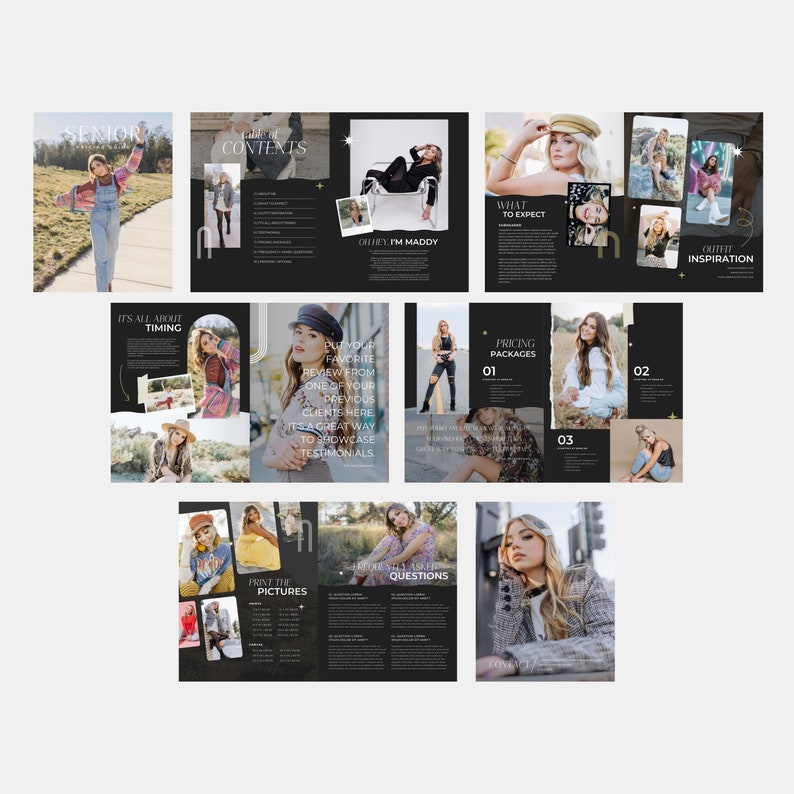 May include: A black and white magazine layout with text and images. The magazine is about senior portraits and includes information about pricing, outfit inspiration, and testimonials. The text includes the words "Senior", "Contents", "It's all about timing", "Hey, I'm Maddy", "What to expect", "Pricing Packages", "Print the pictures", "Are there any questions", and "Outfit Inspiration".