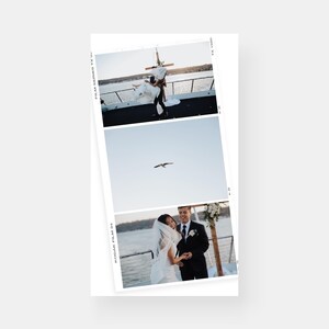 May include: A wedding ceremony taking place on a boat with a couple standing under a floral arch. The bride is wearing a white dress and veil, and the groom is wearing a black suit. The ceremony is taking place on a boat with a view of the water and sky in the background. The image is a photo strip with the text "KODAK FILM 35" and "FILM SERIES TX 1000" on the sides.