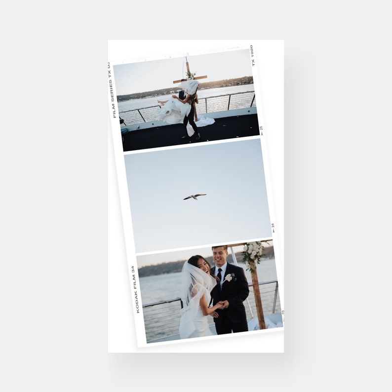 May include: A wedding ceremony taking place on a boat with a couple standing under a floral arch. The bride is wearing a white dress and veil, and the groom is wearing a black suit. The ceremony is taking place on a boat with a view of the water and sky in the background. The image is a photo strip with the text "KODAK FILM 35" and "FILM SERIES TX 1000" on the sides.