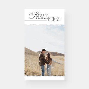 May include: A couple in a field of long grass, looking at each other and smiling. The image is framed with a torn paper edge and the text "SNEAK PEEKS" is at the top.