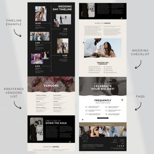 Pu&ograve; includere: Una guida alla pianificazione del matrimonio di due pagine con uno schema di colori nero e beige. La pagina sinistra presenta un esempio di cronologia, un elenco di fornitori preferiti e consigli per il giorno del matrimonio. La pagina destra include una lista di controllo e le FAQ.