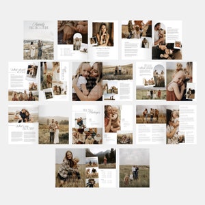 May include: A brochure with a brown and white color scheme, featuring photos of families and information about family photography packages. The text includes "Family Pricing Guide", "What should we wear", "What's my process", "It's all about loving", and "Pricing Packages".