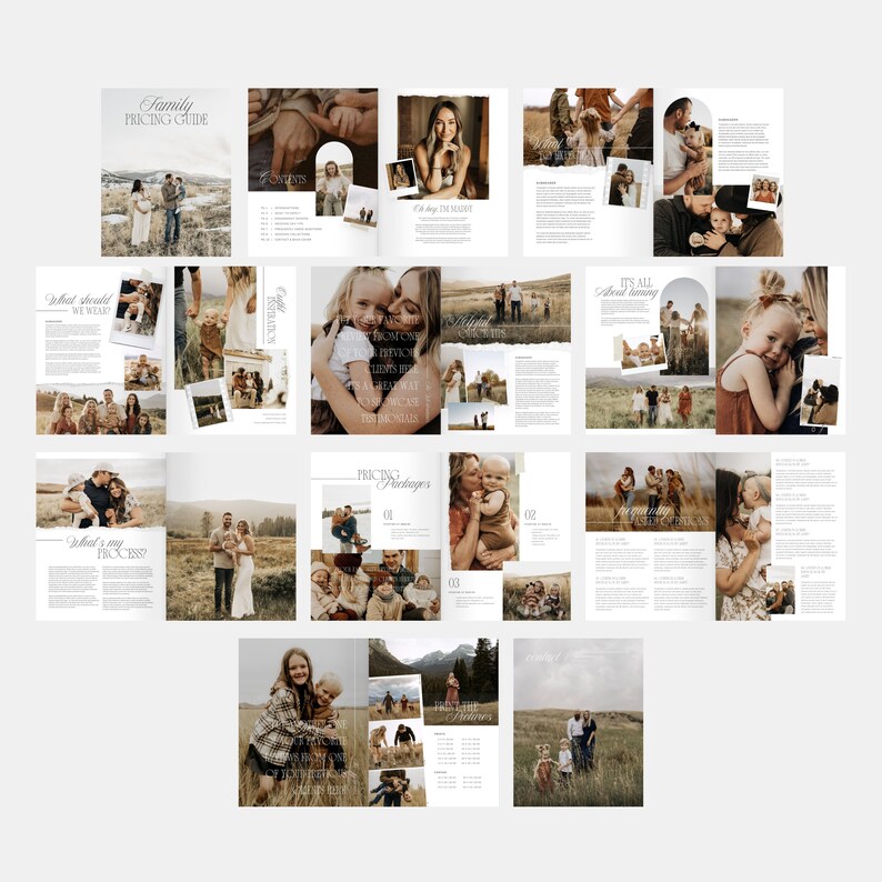 May include: A brochure with a brown and white color scheme, featuring photos of families and information about family photography packages. The text includes "Family Pricing Guide", "What should we wear", "What's my process", "It's all about loving", and "Pricing Packages".