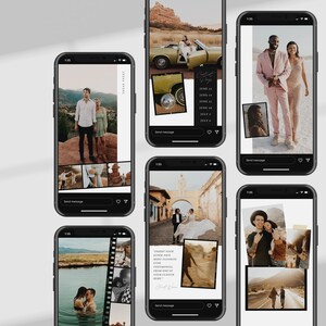 May include: A collage of six Instagram story templates with different images and text. The templates feature a variety of photography styles, including portraits, landscapes, and lifestyle shots. The text includes dates, a quote, and the words "Send message".