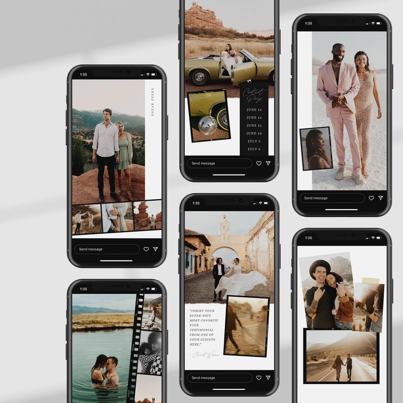 May include: A collage of six Instagram story templates with different images and text. The templates feature a variety of photography styles, including portraits, landscapes, and lifestyle shots. The text includes dates, a quote, and the words "Send message".
