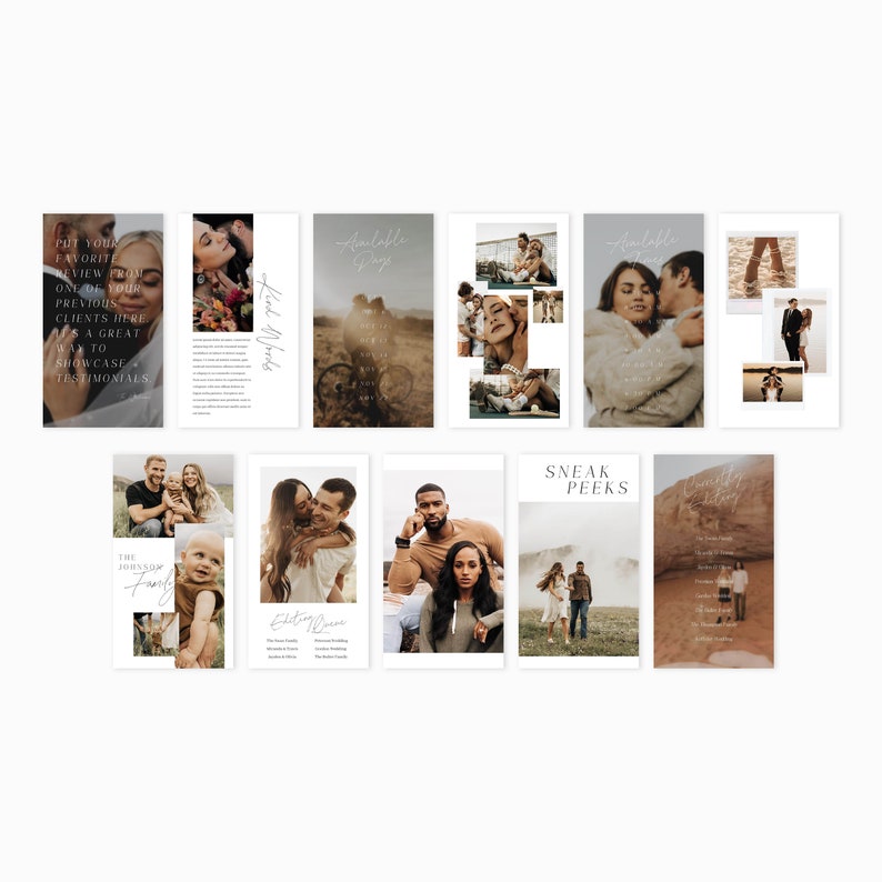 Olivia Canva Instagram story templates designed for photographers, life coaches, wedding professionals to help increase bookings. A modern and minimalist vibe featuring arch frames, film frames, testimonials and cursive