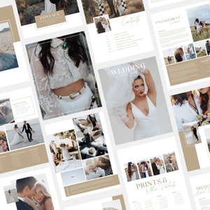May include: A wedding photography guide with a table of contents, information about engagement sessions, wedding day details, prints and other products, and frequently asked questions. The guide features a variety of images of couples in different settings.