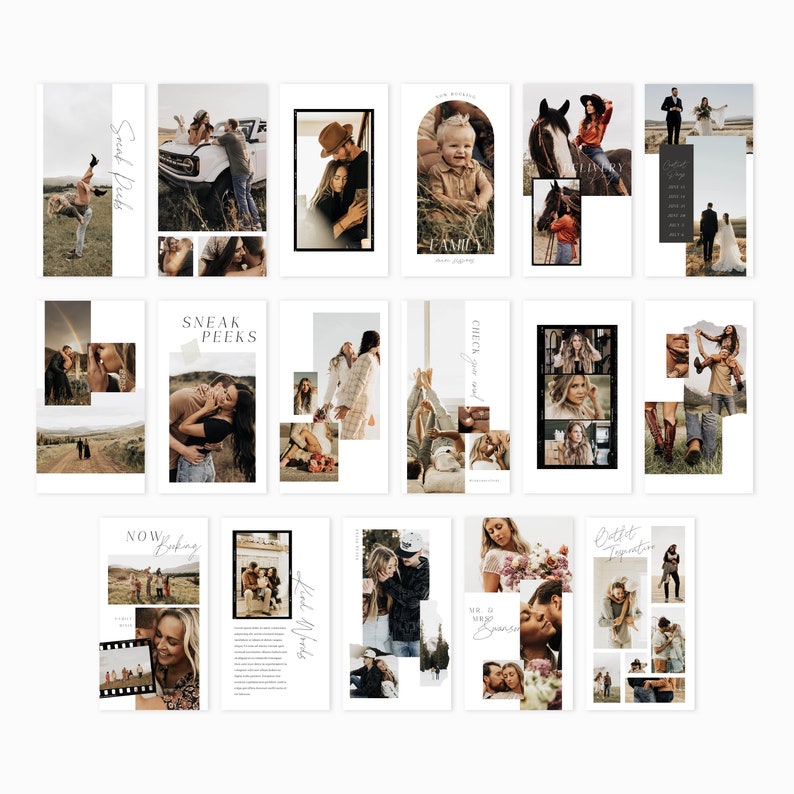 Olivia Canva Instagram story templates designed for photographers, life coaches, wedding professionals to help increase bookings. A modern and minimalist vibe featuring arch frames, film frames, testimonials and cursive