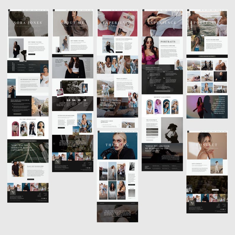 May include: A website homepage for a photographer named Nora Jones. The website features a black and white color scheme with a modern design. The homepage includes sections for about me, experience, portfolio, blog, and contact.