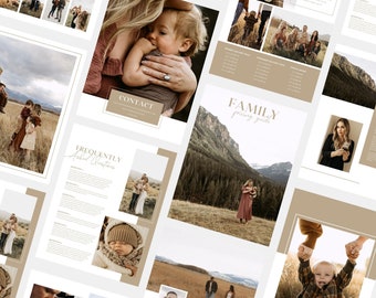 May include: A brochure for a family photography business. The brochure features images of families in various settings, including a mountain range, a field, and a forest. The brochure also includes information about the photographer's services and pricing.