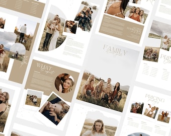 May include: A family photography guide with a white background and brown accents. The guide includes information about what to expect, pricing packages, and outfit inspiration. The guide features photos of families in a variety of settings, including a field, a forest, and a park.