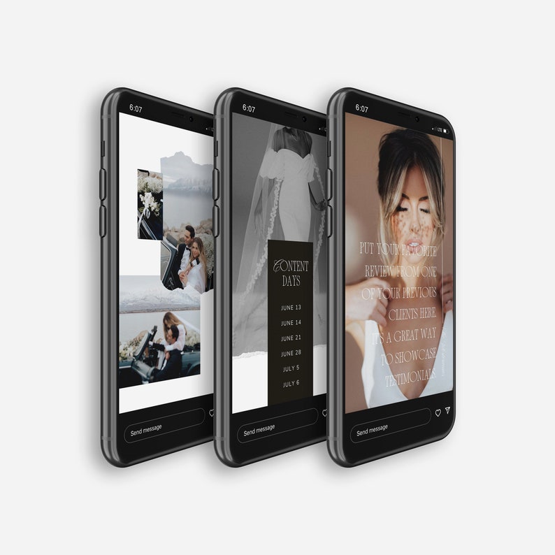 May include: Three screenshots of a mobile phone displaying a social media post with a black and white photo of a bride in a wedding dress and veil. The text on the post reads "CONTENT DAYS" and lists dates in June and July. The post also includes a call to action to "Put your favourite review from one of your previous clients here. It's a great way to showcase testimonials."