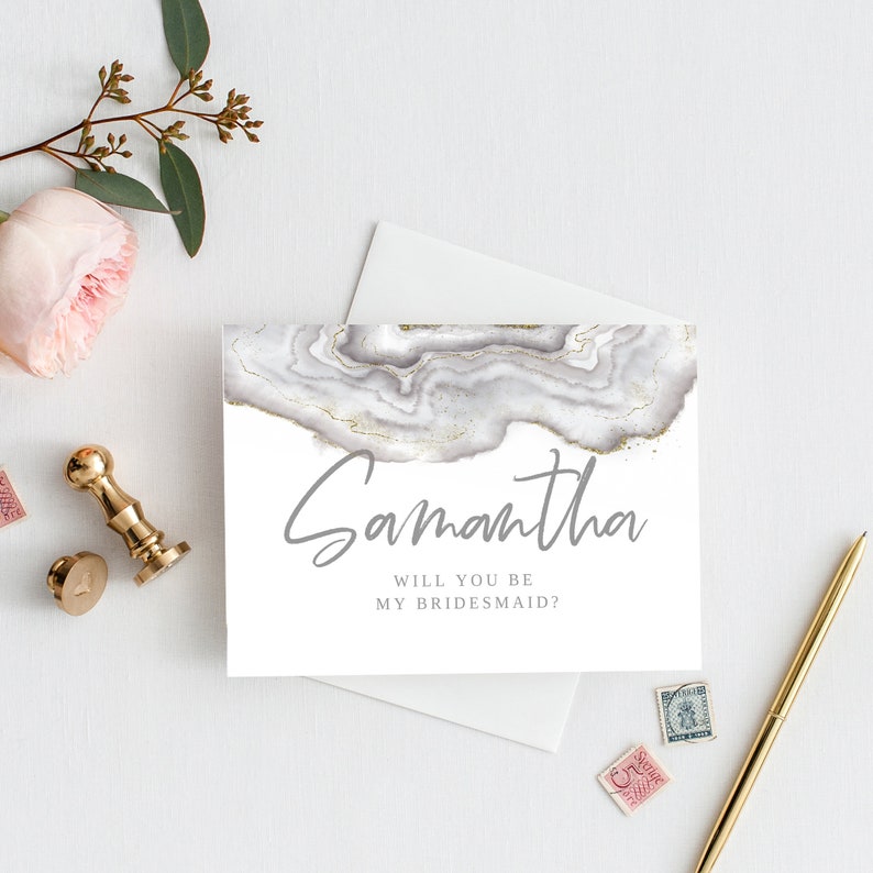 Grey Gold Silver Geode Boho Will You Be My Maid Of Honor Card Bridesmaid Card Proposal Request Templett Printable Instant Download W046