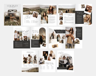 May include: A brochure for couples photography services. The brochure features photos of couples in various settings, including a car, a field, and a forest. The brochure also includes information about pricing, prints, and other services.