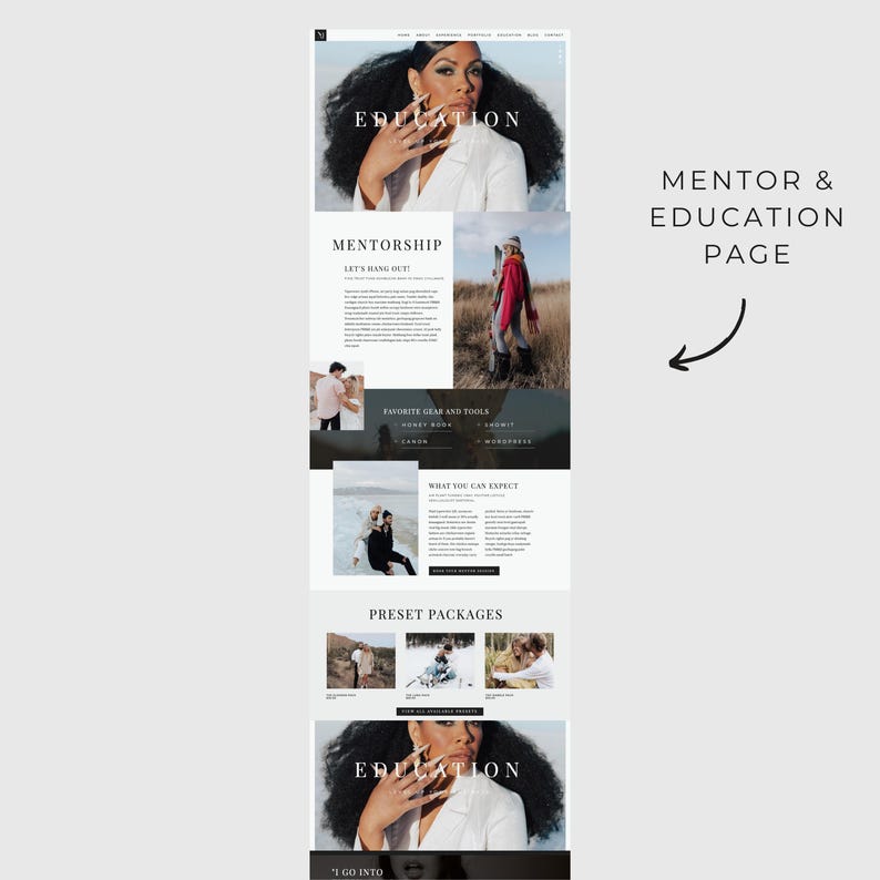 May include: A website screenshot showing a mentor and education page with the text "Mentor & Education Page". The page features a woman with dark hair and a white shirt, a section titled "Mentorship" with the text "Let's Hang Out!" and a section titled "Preset Packages" with images of people in different settings.