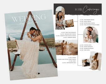 May include: A wedding day timeline with a couple in a romantic embrace. The timeline includes details like first look portraits, wedding party photos, ceremony prep, and the cocktail hour. The image features a rustic aesthetic with a wooden bridge and a lake in the background.
