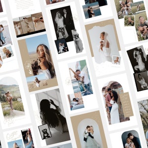 May include: A collection of Instagram story templates with various images of couples, families, and individuals. The templates feature a neutral color palette with white, beige, and black accents. Some templates include text overlays with dates and phrases like "Outfit Inspiration" and "Contact Days".
