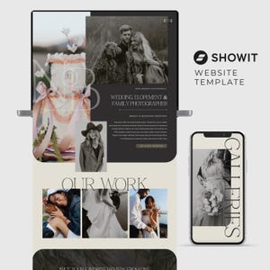 May include: A website template for photographers, featuring a black and white photo of a couple with a dog, a cake, and a woman in a cowboy hat. The text on the website says "Wedding Elopement & Family Photographer" and "Based in Bozeman Montana".