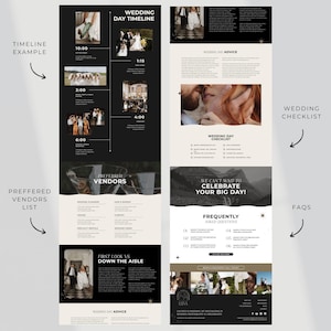Pu&ograve; includere: Un design di timeline e checklist per il giorno del matrimonio in bianco e nero. Il design include un esempio di timeline, un elenco di fornitori preferiti, consigli per il giorno del matrimonio e domande frequenti. Il testo include "Wedding Day Timeline" e "Wedding Checklist."