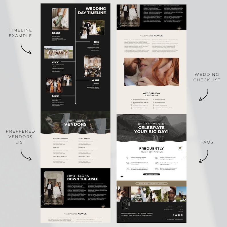 Pu&ograve; includere: Un design di timeline e checklist per il giorno del matrimonio in bianco e nero. Il design include un esempio di timeline, un elenco di fornitori preferiti, consigli per il giorno del matrimonio e domande frequenti. Il testo include "Wedding Day Timeline" e "Wedding Checklist."