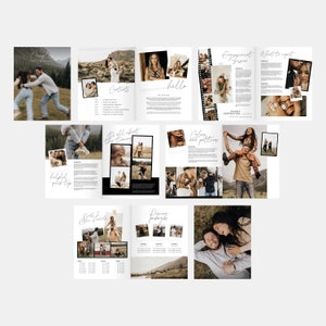 May include: A guide for couples planning their engagement session. The guide includes tips on choosing outfits, colors, and poses. It also features photos of couples in various settings.