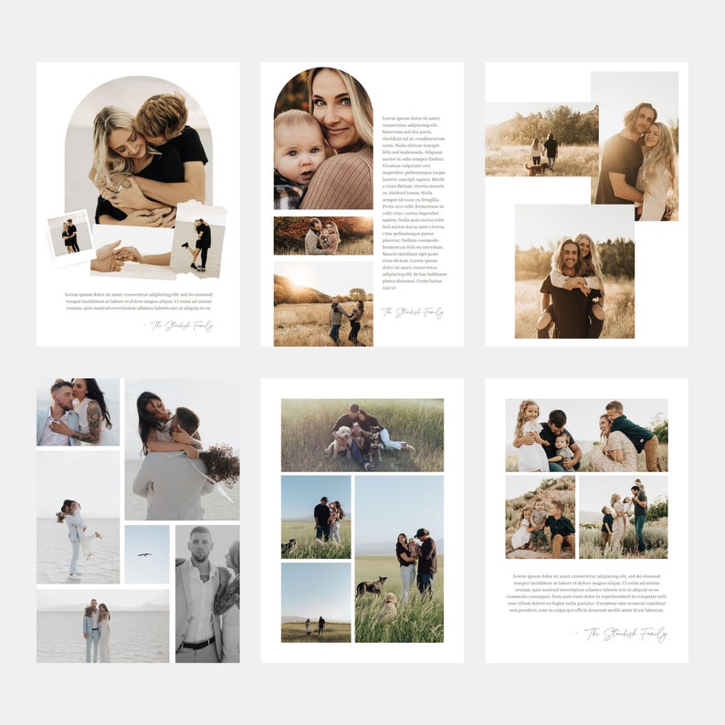 May include: A collage of photos featuring a family in various settings. The photos show the family in a field, on a beach, and in a forest. The photos are arranged in a grid pattern and are surrounded by a white border.