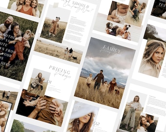 Puede incluir: Una guía de precios para fotografía familiar con imágenes de familias en diferentes entornos. La guía incluye información sobre paquetes de precios, qué ponerse para las fotos familiares y consejos para planificar una sesión de fotos familiar.