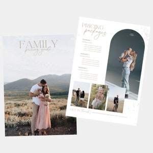 May include: A pricing guide for family photography packages. The guide includes a description of each package and what is included. The image also features a family with their dog in a field.