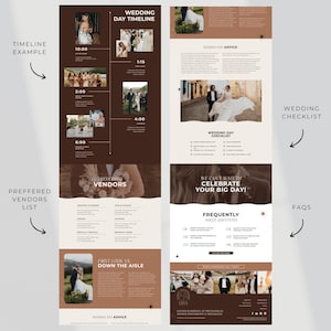 Pu&ograve; includere: Un programma e una lista di controllo per il giorno del matrimonio sono visualizzati su un layout a due pagine. Le pagine presentano foto, testo e titoli come "Programma del giorno del matrimonio", "Fornitori preferiti" e "Domande frequenti".