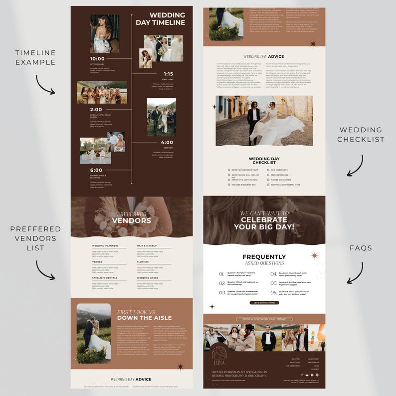 Pu&ograve; includere: Un programma e una lista di controllo per il giorno del matrimonio sono visualizzati su un layout a due pagine. Le pagine presentano foto, testo e titoli come "Programma del giorno del matrimonio", "Fornitori preferiti" e "Domande frequenti".
