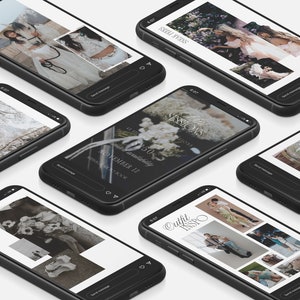 May include: A collection of phone screens displaying various images and text. One screen features a wedding invitation with the text "All Sessions &pound;350" and "November 12". Another screen shows a collage of photos with the text "Outfit Inspo".
