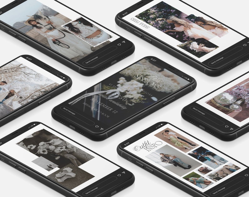 May include: A collection of phone screens displaying various images and text. One screen features a wedding invitation with the text "All Sessions &pound;350" and "November 12". Another screen shows a collage of photos with the text "Outfit Inspo".